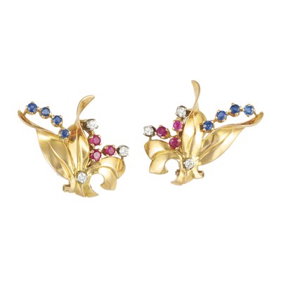 Lot 663 - Pair of Gold, Ruby, Sapphire and Diamond Earrings