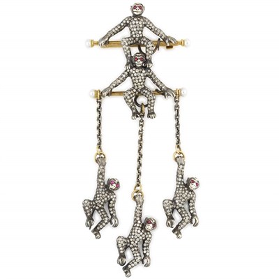 Lot 654 - Silver, Gold, Diamond and Pearl Monkey Brooch