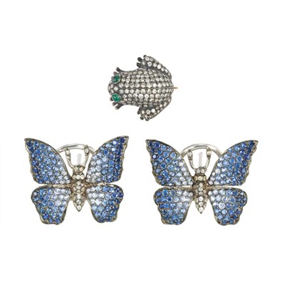 Lot 286 - Pair of Sapphire and Diamond Butterfly Earrings and Diamond Frog Pin