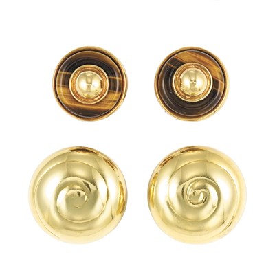Lot 487 - Pair of Gold Earclips, Asprey, and Gold and Tiger's-Eye Earclips, Tiffany & Co.