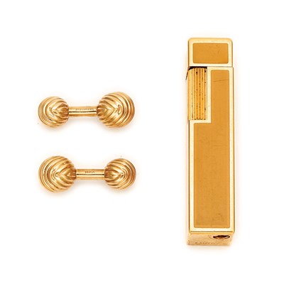 Lot 899 - Pair of Gold Cufflinks, Tiffany & Co., and Yellow Metal and Mustard Enamel Cigarette Lighter, Cartier