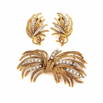 Lot 34 - Two-Color Gold and Diamond Spray Brooch and Pair of Earrings