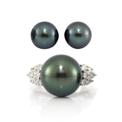 Lot 281 - White Gold, Dyed Black Cultured Pearl and Diamond Ring and Pair of Earrings