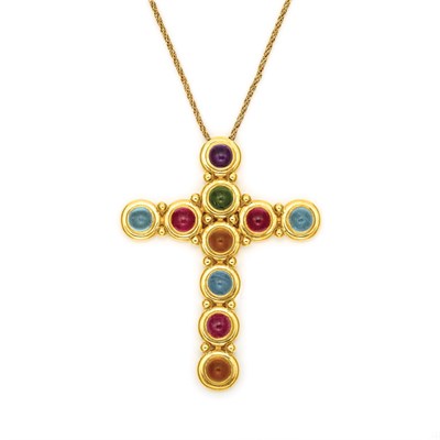 Lot 142 - Gold and Cabochon Gem-Set Cross Pendant with Chain