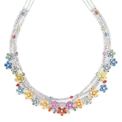 Lot 745 - White Gold, Diamond and Multicolored Sapphire Necklace