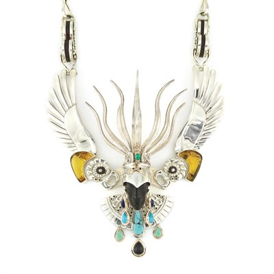 Lot 911 - Sterling Silver, Turquoise, Emerald, Amber, Wood and Glass Necklace