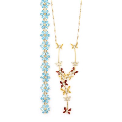 Lot 633 - Low Karat Gold, Garnet and Diamond Necklace and Blue Topaz Bracelet