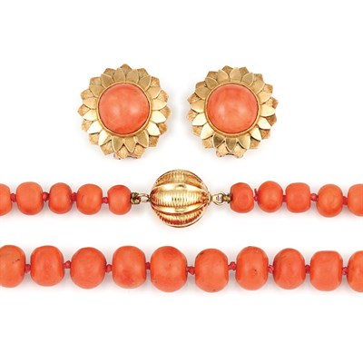 Lot 194 - Coral Bead Necklace and Pair of Gold and Cabochon Coral Flower Earclips