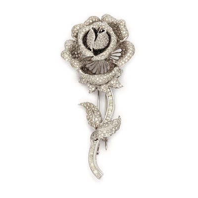 Lot 507 - White Gold and Diamond Rose Clip-Brooch