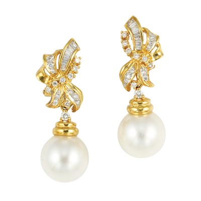 Lot 546 - Pair of Gold, Diamond and Freshwater Pearl Pendant-Earrings