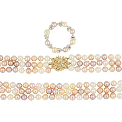 Lot 851 - Triple Strand Multicolored Freshwater Pearl Necklace with Gold and Diamond Clasp and Wreath Pin