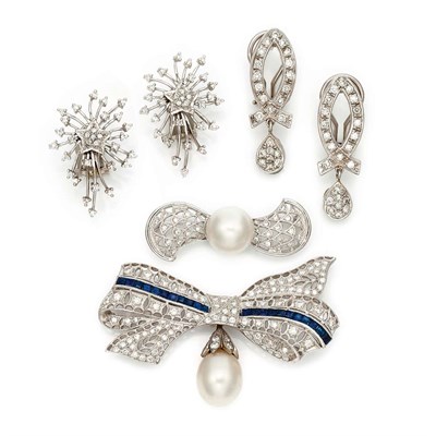 Lot 765 - Two White Gold and Diamond Bow Pins and Two Pairs of Earrings