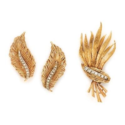 Lot 645 - Gold and Diamond Brooch and Pair of Earrings