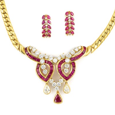 Lot 430 - Gold, Diamond and Ruby Necklace and Pair of Earrings
