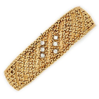 Lot 394 - Gold and Diamond Mesh Bracelet-Watch