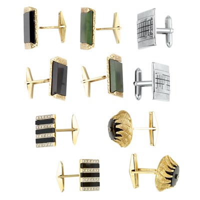 Lot 892 - Four Pairs of Gold, Hardstone and Diamond Cufflinks and Pair of Metal Cufflinks