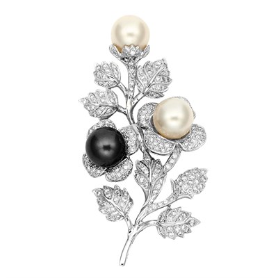 Lot 686 - White Gold, White and Black Cultured Pearl and Diamond Clip-Brooch