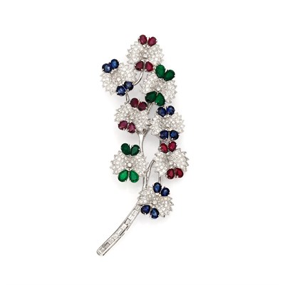 Lot 783 - White Gold, Diamond, Ruby, Sapphire and Emerald Leaf Clip-Brooch