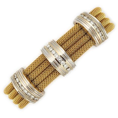 Lot 610 - Four Row Gold and Diamond Mesh Bangle Bracelet