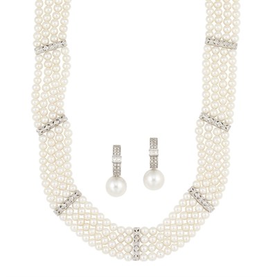 Lot 755 - Four Strand Cultured Pearl, White Gold and Diamond Choker Necklace and Pair of Diamond and Freshwater Pearl Earrings