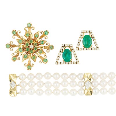 Lot 832 - Triple Strand Freshwater Pearl, Gold and Diamond Bracelet, Pair of Diamond Earrings and Brooch