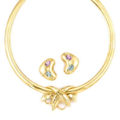 Lot 405 - Gold Necklace with Dolphin Slide and Pair of Gold and Gem-Set Earrings