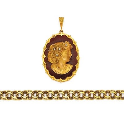 Lot 246 - Gold Link Bracelet and Gold, Carnelian and Diamond Pendant