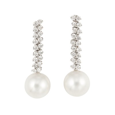 Lot 85 - Pair of White Gold, Diamond and Freshwater Pearl Pendant-Earrings