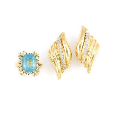 Lot 648 - Gold, Aquamarine and Diamond Ring and Pair of Gold and Diamond Earrings
