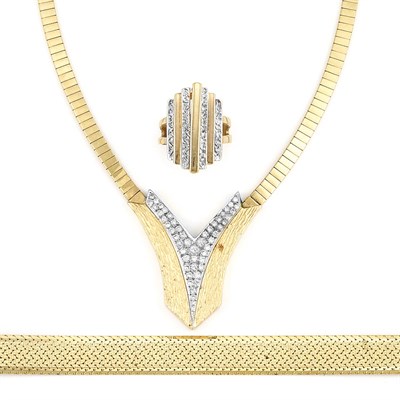 Lot 695 - Gold and Diamond Necklace and Two-Color Gold Ring