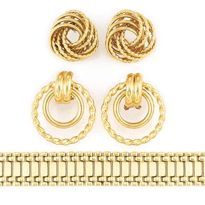 Lot 478 - Gold Bracelet and Two Pairs of Earrings