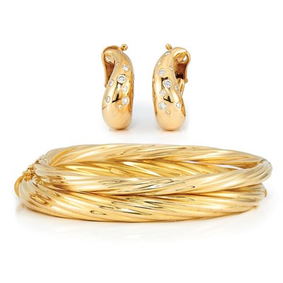Lot 621 - Two Fluted Gold Bangle Bracelets and Pair of Gold and Diamond Hoop Earrings