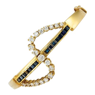 Lot 716 - Gold, Diamond and Sapphire Bangle Bracelet