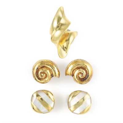 Lot 470 - Gold Ring, Pair of Gold Earrings and Gold and Mother-of-Pearl Earrings