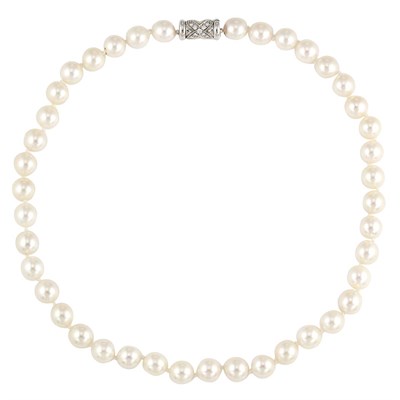 Lot 772 - Cultured Pearl Necklace with White Gold and Diamond Clasp, Bulgari