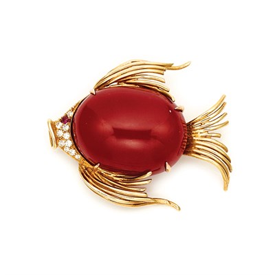 Lot 44 - Gold, Oxblood Coral, Diamond and Cabochon Ruby Fish Brooch