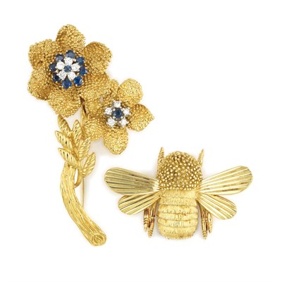 Lot 393 - Gold, Diamond and Sapphire Flower Brooch and Gold Insect Clip