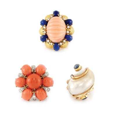 Lot 399 - Three Gold, Coral, Lapis, Diamond and Shell Rings
