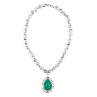 Lot 505 - White Gold and Diamond Necklace with Platinum, Cabochon Emerald and Diamond Pendant