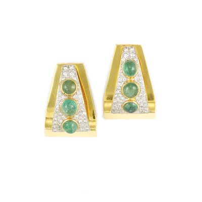 Lot 413 - Pair of Gold, Cabochon Emerald and Diamond Earrings