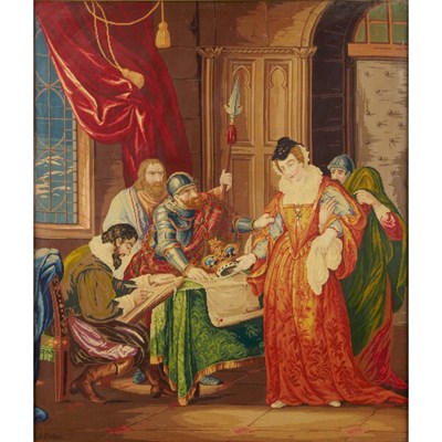 Lot 456 - Framed Needlepoint Panel of Queen Isabella...