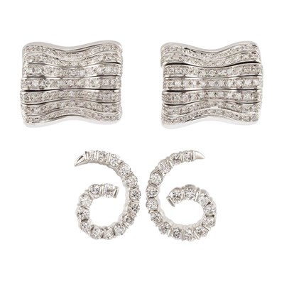 Lot 701 - Two Pairs of White Gold and Diamond Earrings