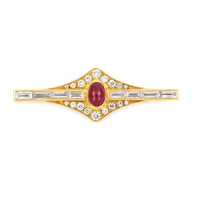 Lot 541 - Gold, Cabochon Ruby and Diamond Bar Pin, Van Cleef & Arpels