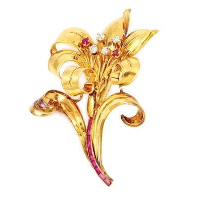 Lot 456 - Gold, Diamond and Ruby Flower Brooch