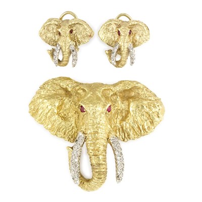 Lot 395 - Gold, Diamond and Ruby Elephant Pendant-Brooch and Pair of Earrings