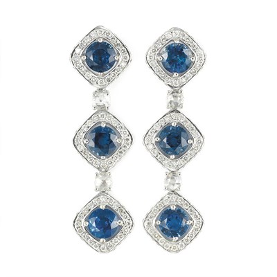 Lot 528 - Pair of White Gold, Sapphire and Diamond Pendant-Earrings