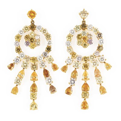 Lot 627 - Pair of Gold and Colored Diamond Fringe Earrings