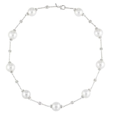 Lot 697 - White Gold, South Sea Cultured Pearl and Diamond Chain Necklace