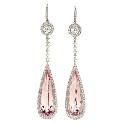 Lot 92 - Pair of White Gold, Diamond and Morganite Pendant-Earrings