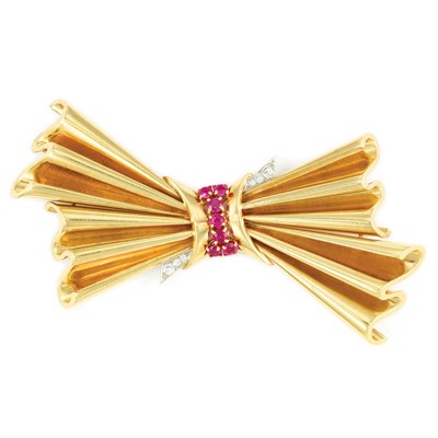 Lot 375 - Gold, Ruby and Diamond Bow Brooch, Cartier